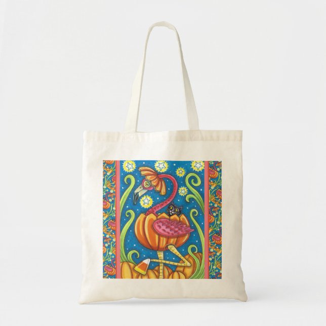 BOLSO DE TELA FLAMINGO ROJO DE HALLOWEEN Y GATO NEGRO EN PUMPKIN (Frente)