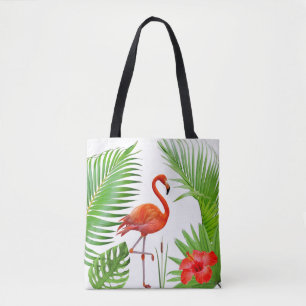 Bolso De Tela Flamingo Rojo, Hibiscus y hojas de palmeras tropic