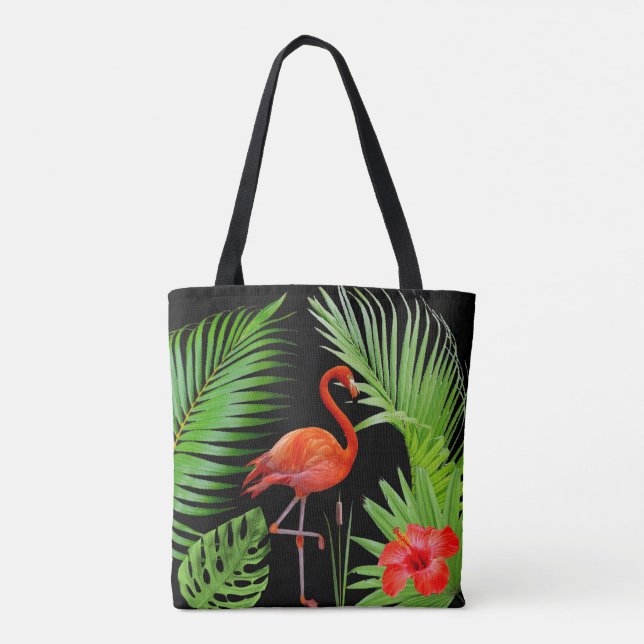 Bolso De Tela Flamingo Rojo, Hibiscus y Palm Leaves en negro (Reverso)