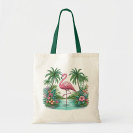 Bolso De Tela Flamingo rosa con flores y palmeras