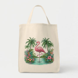 Bolso De Tela Flamingo rosa con flores y palmeras