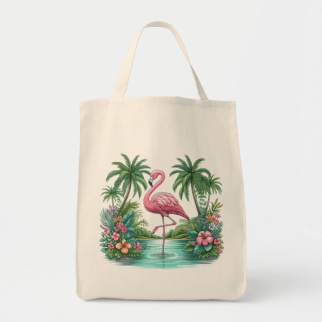 Bolso De Tela Flamingo rosa con flores y palmeras (Frente)