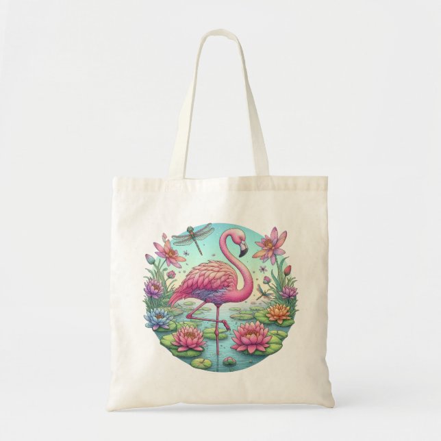 Bolso De Tela Flamingo rosa con Lotus y Dragonflies (Frente)