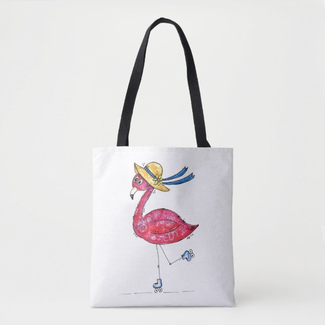 Bolso De Tela Flamingo rosa dulce y caprichoso en los patines (Anverso)