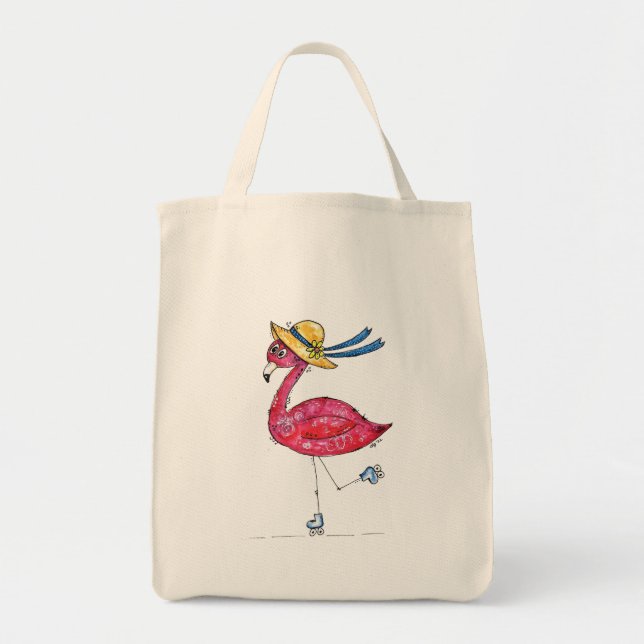 Bolso De Tela Flamingo rosa dulce y caprichoso en los patines (Frente)