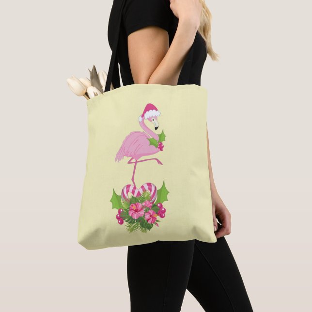 Bolso De Tela Flamingo rosa en Santa Hat Navidades caprichosos (Detalle)