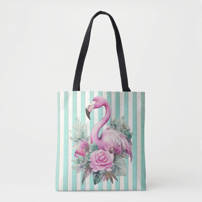 Bolso De Tela Flamingo rosa floral popular en tira de menta (Anverso)
