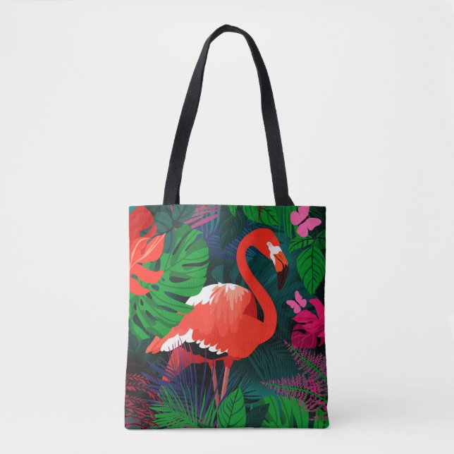 Bolso De Tela Flamingo rosa. Hojas tropicales, mariposa rosada, (Anverso)