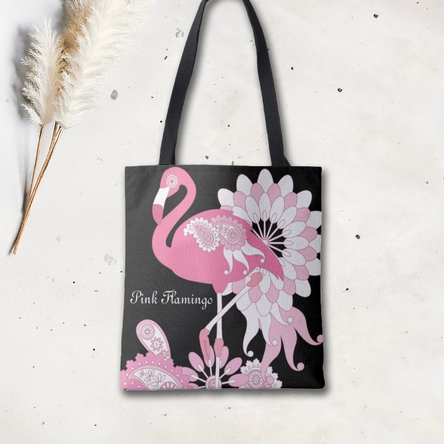 Bolso De Tela Flamingo rosa paisley negro moderno personalizado (Subido por el creador)