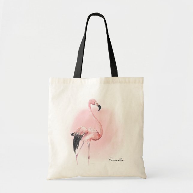 Bolso De Tela Flamingo rosa tropical con nombre (Frente)