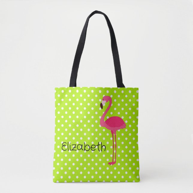 Bolso De Tela Flamingo rosa tropical con puntos verdes de polka  (Anverso)