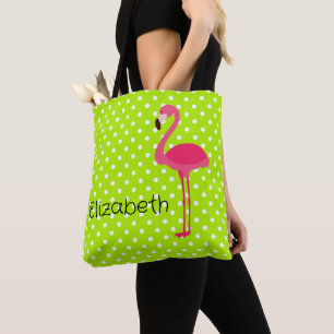 Bolso De Tela Flamingo rosa tropical con puntos verdes de polka
