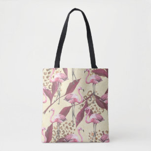 Bolso De Tela Flamingo rosa tropical, patrón leopardo.