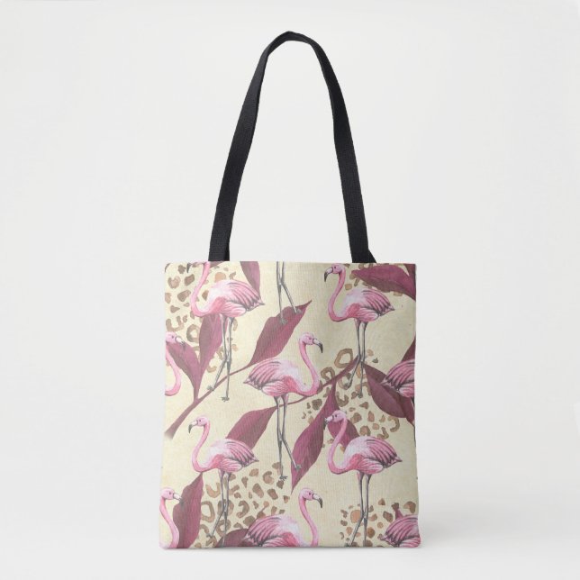 Bolso De Tela Flamingo rosa tropical, patrón leopardo. (Anverso)