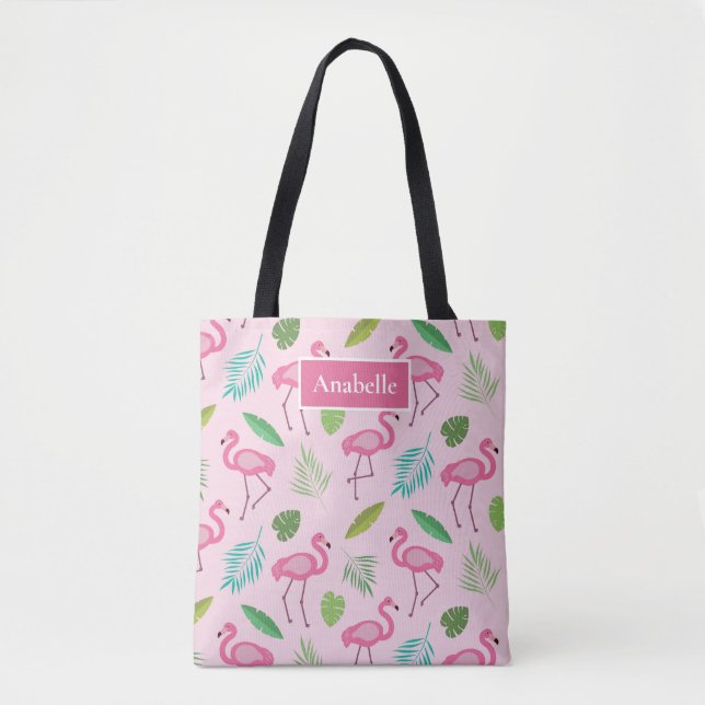 Bolso De Tela Flamingo rosa y hojas tropicales monograma (Anverso)