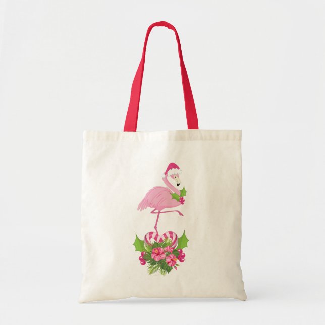 Bolso De Tela Flamingo rosado en Santa Hat con Candy Cane Bouque (Frente)