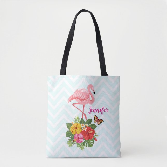 Bolso De Tela Flamingo rosado y flamante tropical hibiscus (Anverso)