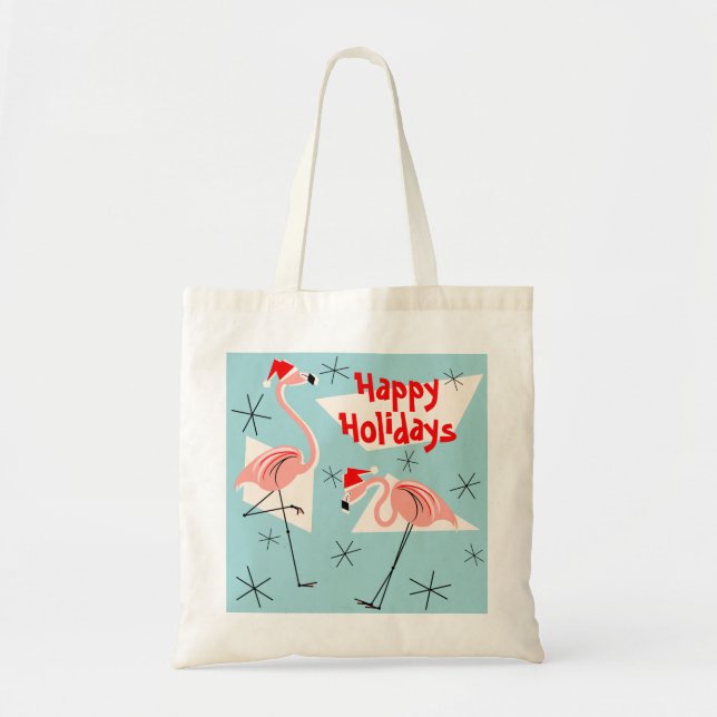 Bolso De Tela Flamingo Santas Blue Happy Holidays to bag (Frente)