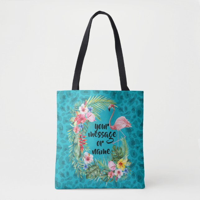 Bolso De Tela Flamingo tote tropical floral azul chita (Anverso)