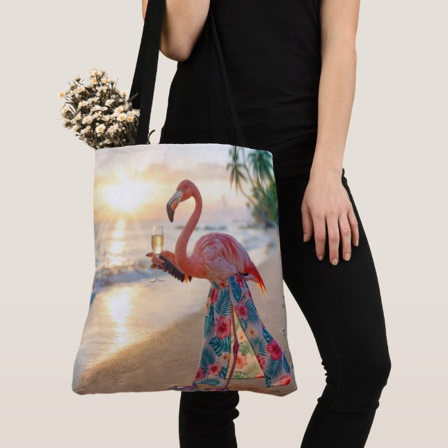 Bolso De Tela Flamingo With Champagne On a Beach (Detalle)