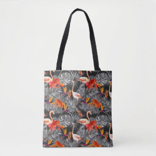 Bolso De Tela Flamingo y flores, patrón monocromo.