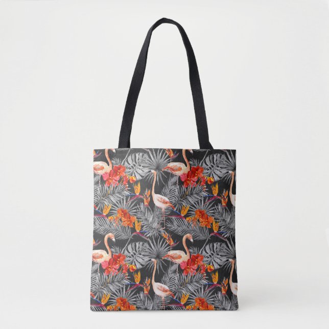 Bolso De Tela Flamingo y flores, patrón monocromo. (Anverso)