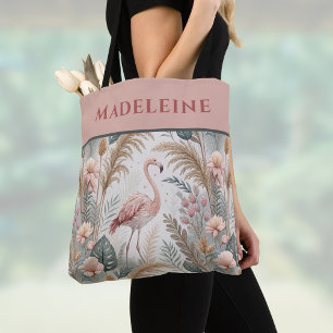 Bolso De Tela Flamingo y follaje en rosa y sabio polvorientos