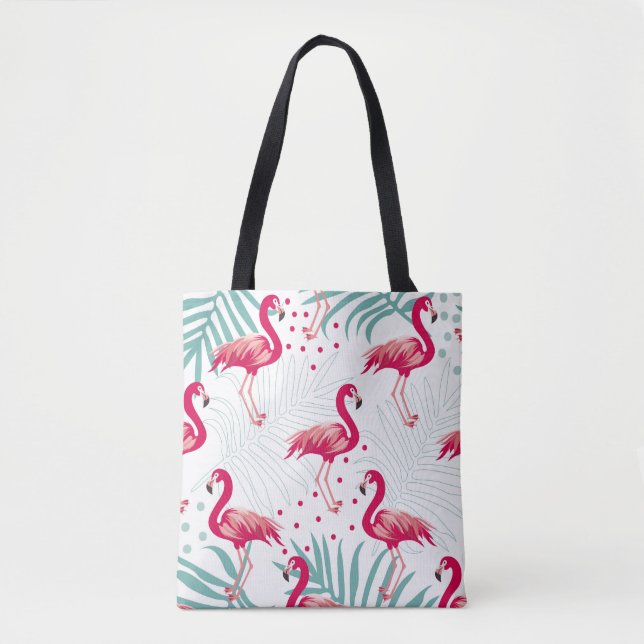 Bolso De Tela Flamingo y hojas tropicales, patrón de verano. (Anverso)