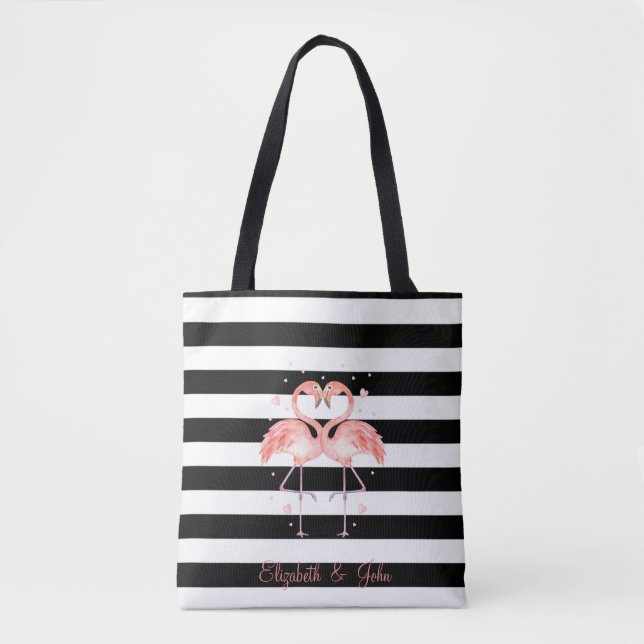 Bolso De Tela Flamingos Cuidados Enamorados, Rayas Blancas Negra (Anverso)