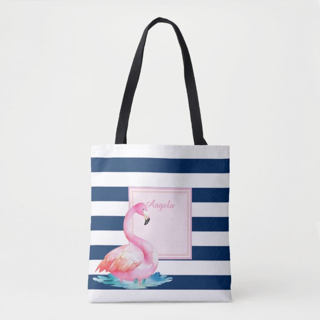 Bolso De Tela Flamingos modernos a rayas y adorables (Anverso)