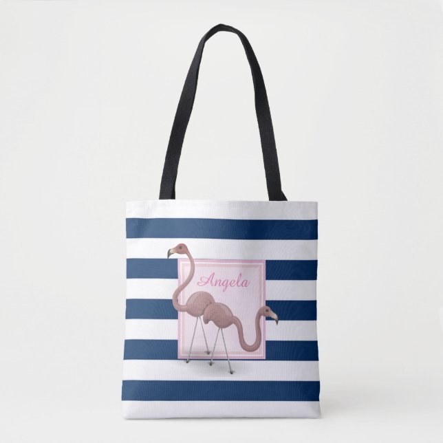 Bolso De Tela Flamingos modernos a rayas y Personalizados - Pers (Anverso)