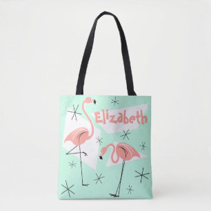 Bolso De Tela Flamingos Nombre verde retro en todo el fondo
