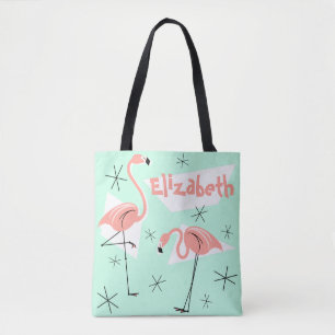 Bolso De Tela Flamingos Retro Green Name en todo el multi back