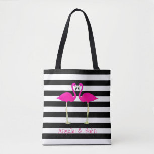 Bolso De Tela Flamingos Rosas, Rayas Negras y Blancas Personaliz