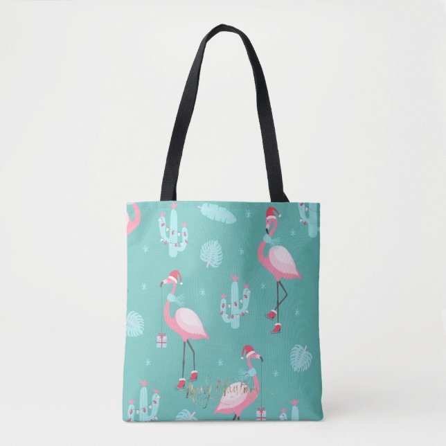 Bolso De Tela Flamingos Santa Hat presenta copos de nieve (Anverso)