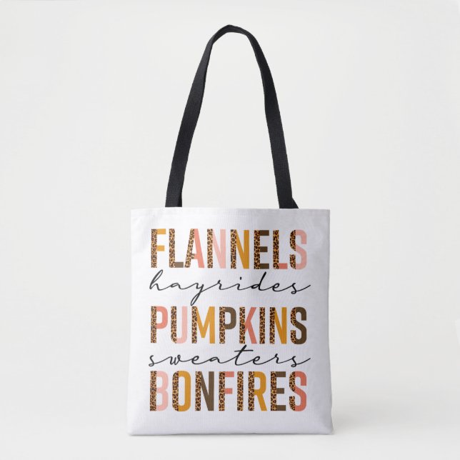 Bolso De Tela Flanels Hayrides Pumpkins Sweaters Bonfires Textos (Anverso)