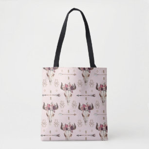 Bolso De Tela Flechas y cráneo de Boho, patrón de acuarela.
