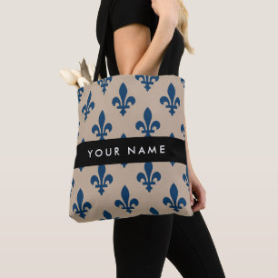 Bolso De Tela Fleur de Lis, Azul Marino sobre Beige, Real, Tu No