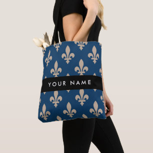 Bolso De Tela Fleur de Lis, beige sobre azul marino, real, tu no