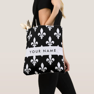 Bolso De Tela Fleur de Lis, Blanco sobre Negro, Blanco, Tu Nombr