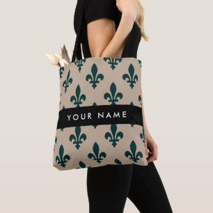 Bolso De Tela Fleur de Lis, Verde sobre Beige, Real, Tu Nombre