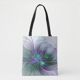 Bolso De Tela Flor Abstracta Moderna Fractal Verde Púrpura