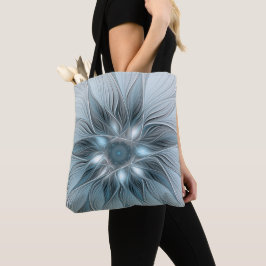 Bolso De Tela Flor alegre Abstracto Floral Gris azul Fractal
