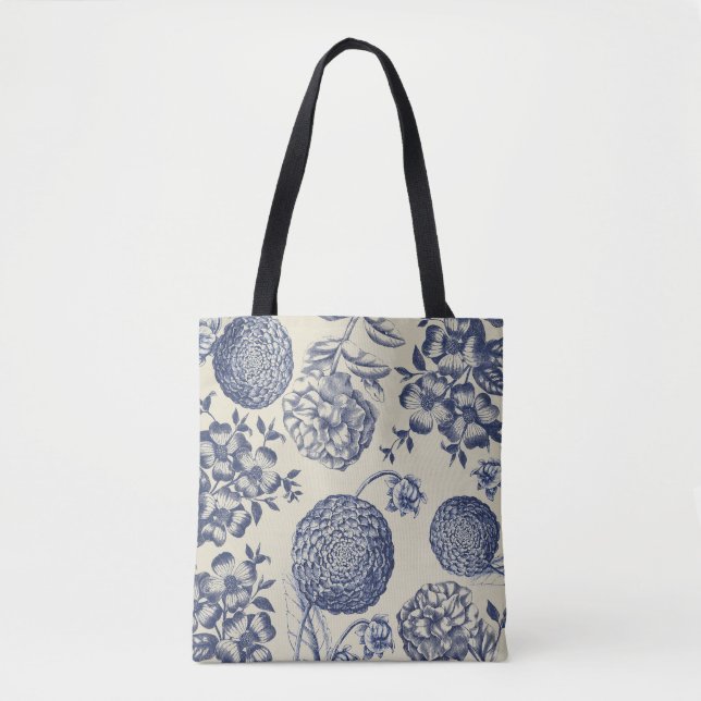 Bolso De Tela Flor azul anticuada impresa floral (Anverso)
