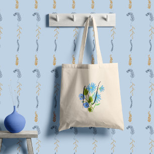 Bolso De Tela Flor azul en acuarela con tu inicial.