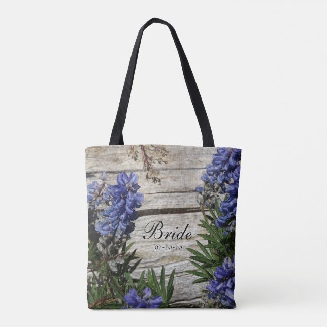 Bolso De Tela flor azul púrpura personalizada Nombre novia ,fech (Reverso)
