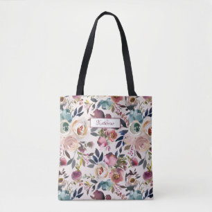 Bolso De Tela Flor azul verde rosa Rubor con nombre clásico