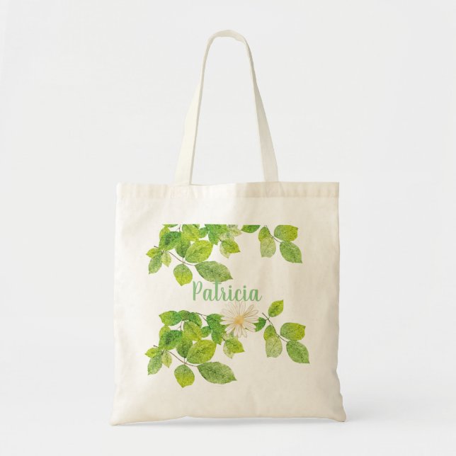 Bolso De Tela Flor blanca y jardín de hojas verdes (Frente)
