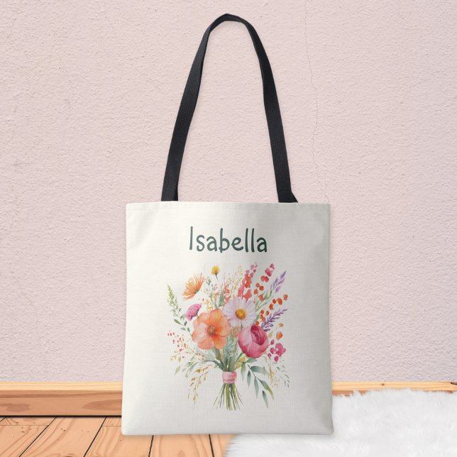 Bolso De Tela Flor Bouquet Bonito Floral Elegante Personalizado (A pretty, personalized tote bag in pale cream, with picture of a summer floral bouquet)