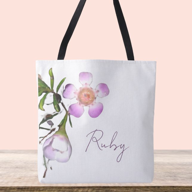 Bolso De Tela Flor de Cera Delicada en Flor (Customizable wax flower design crossbody bag, shoulder tote with purple and white and green stem)